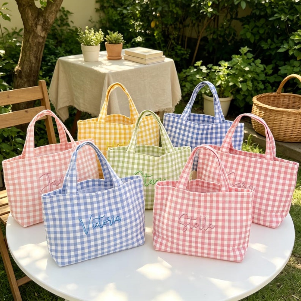 Women Bags Name - 1Pc Tas Tote Kotak-kotak Bordir Nama/Teks
